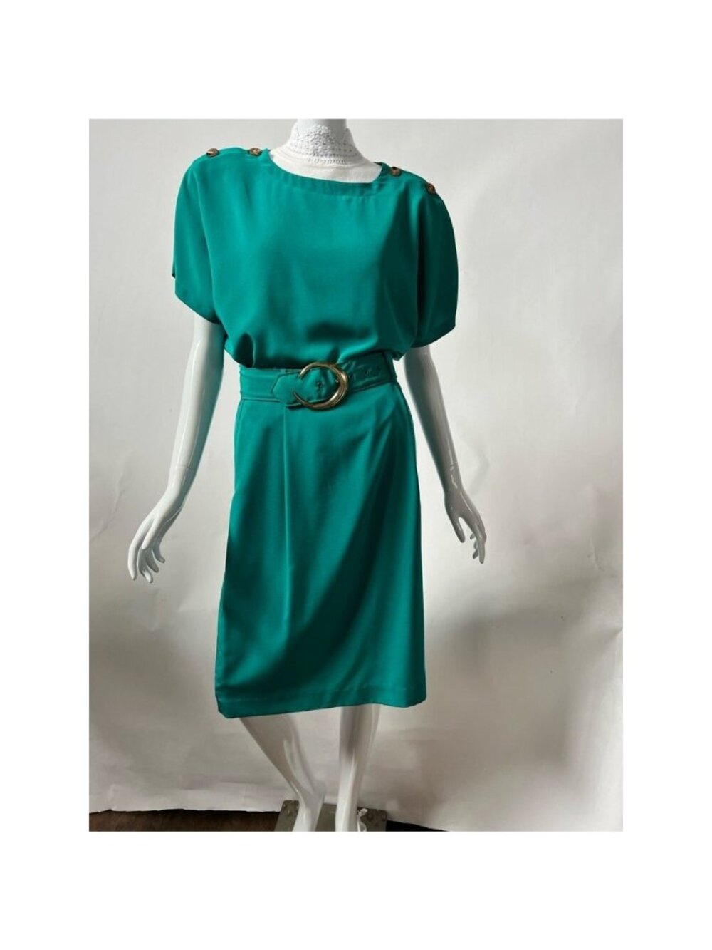 Leslie Fay Vintage Teal Two-Piece Dress Set With Belt & Button Details Size 14 P
